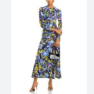 AQUA High Slit Long Sleeve Shirred Maxi Dress Abstract Print Size XS